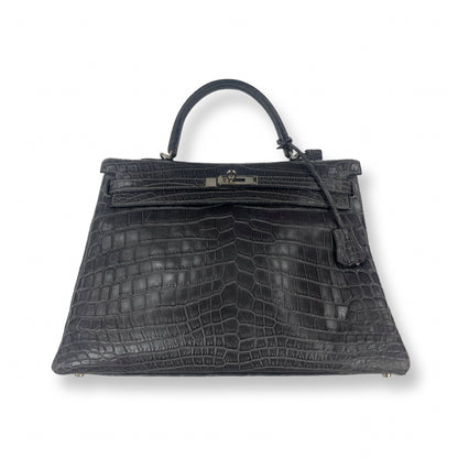 Hermes Dark Gray Crocodile Kelly 35 Top Handle Bag