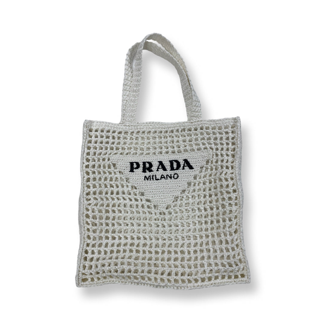 Prada White Crochet Raffia Tote